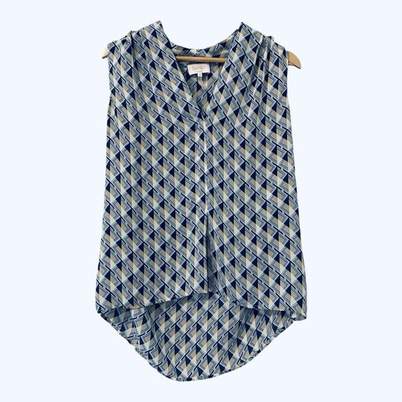 Women's Medium Blue Tan Pattern Sleeveless Casual Soft Hi-Low Career Blouse - Picture 1 of 4